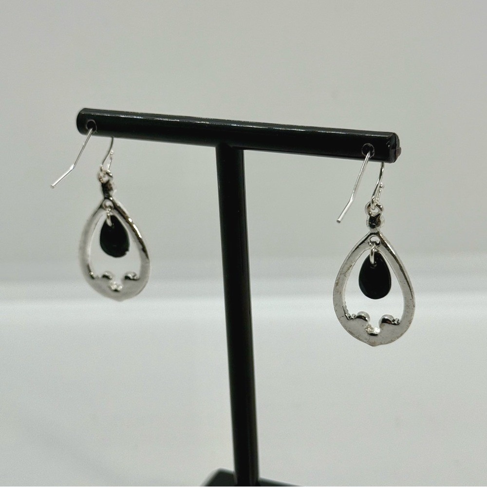 Ear Sense Silver Tone Black Teardrop AB Rhinestone Hypoallergenic Earrings NEW - Picture 5 of 6